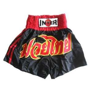  Muay Thai Shorts   Black   Red Letters   Red Band (M 