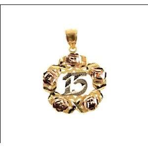  14k Tricolor Gold, Roses 15 Anos Quinceanera Pendant Charm 