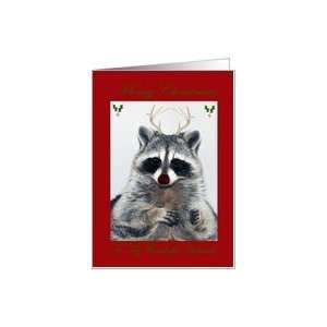   to Husband, Raccoon with antlers, candy canes, holly and red nose Card