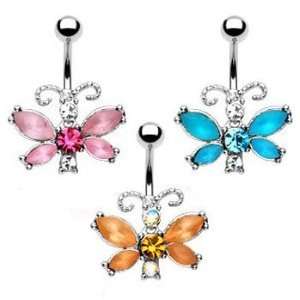  Pink Frosted Butterfly Belly Button Navel Ring, Sold 