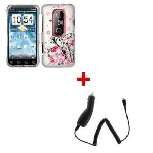  HTC EVO 3D Design Case PINK FLOWER + Micro USB Car Charger 