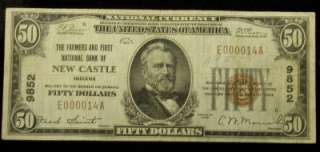  TYPE 1 $50 CH.9852 NEW CASTLE, INDIANA THE FARMERS & FIRST NAT. BANK 