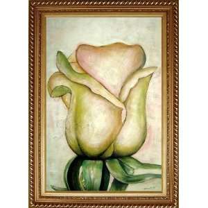 com Yellow Rose Bud Oil Painting, with Exquisite Dark Gold Wood Frame 