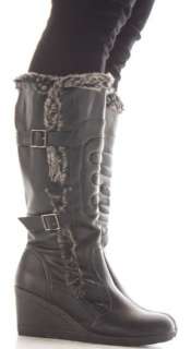 Ladies Wide Calf Leg Women Black Wedges Knee High Boots Size 3 4 5 6 7 