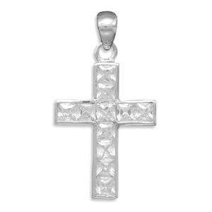   Cross Pendant White Gold Look Sterling Silver CZ , 24 inch Jewelry
