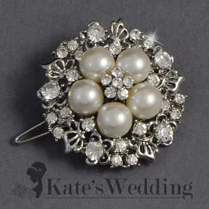 Wedding Barrette Rhinestone Crystal and Pearl Butterfly Flower Bridal 