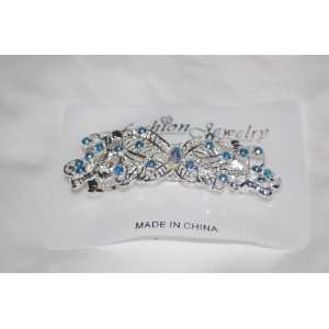   Butterfly with Blue Rhinestones on 3 Silver French Clip Barrette