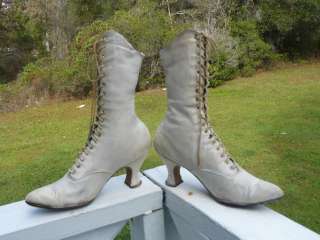   VICTORIAN KID LEATHER WHITE WOMENS HIGH LACE UP BOOTS 1800S  