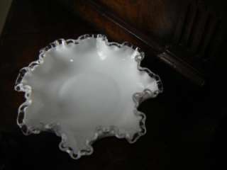   Vintage Fenton Milk Glass Silver Crest Ruffle Edge Bon Bon Bowl  