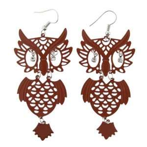    Owl Dangling Earrings with Clear CZs   84mm, Brown Jewelry
