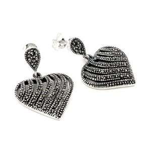    925 Sterling Silver Marcasite Dangling Heart Earrings Jewelry