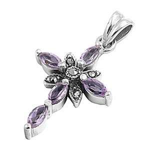   & Amethyst CZ Marquise Cut Stones Cross Marcasite Pendant: Jewelry