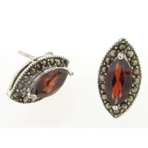   Silver Earrings with Marcasite and Marquise Garnet Stone: Jewelry
