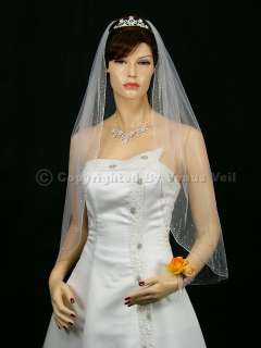1T White Fingertip 2.5 Wide Crystal Beaded Edge Bridal Wedding Veil 