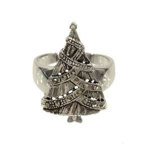 Antique Looking Silvertone Christmas Tree Fashion Ring With Garland of 