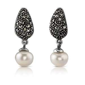   Earrings with Marcasite and Mother of Pearl Beads Peora Jewelry