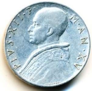 ITALY VATICAN 10 LIRE 1953 PIUS XII YEAR XV   XF  