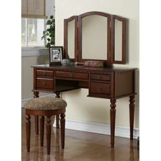 pc Cherry brown finish wood make up bedroom vanity set with curved 