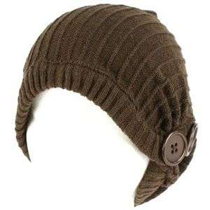 Winter Slouchy Ribbed Knit Beanie Button Ski Hat Brown  