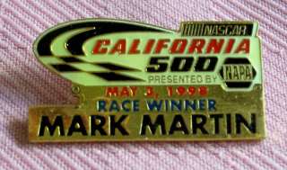 Mark Martin California 500 Race winner 1998 Nascar pin  