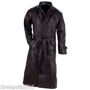 Mens Black Genuine Leather Trench Coat Belted SM   4XL  