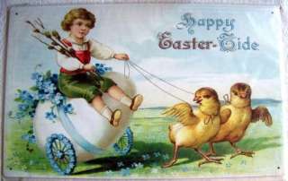   Metal Sign Happy Easter Tide Chicks Girl Egg Cart Spring Cute  