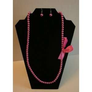 Glass Pearl  Shaped Deep Pink Necklace with bow and Matching Dangle 