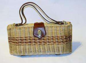 Vintage Woven Wicker Wood Basket Hand Bag 1970s 1960s  