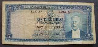 1930 TURKEY NOTE/PAPER MONEY 5(BES) TURK LIRASI SERI A7  