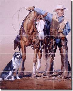 Fawcett Horse Cowboy Western Art Ceramic Tile Mural  