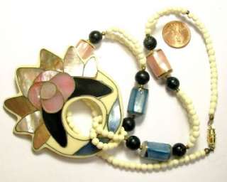   Iridescent Abalone+Glass+Faux Ivory PLASTIC Necklace Costume Jewelry