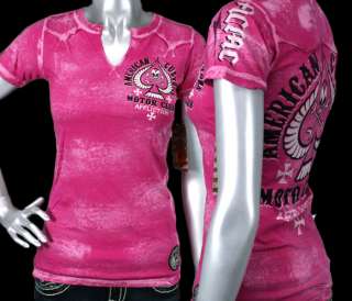 AFFLICTION womens T shirt American Customs DEAD SPADE western pink 