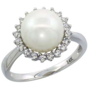 14k White Gold Halo Engagement Pearl Ring w/ 0.34 Carat Brilliant Cut 