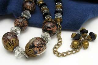 Vtg Glass Brass Bead Necklace Rhinestone Rondelles Stunning  