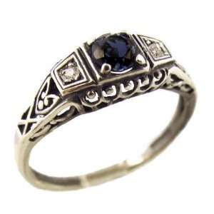 Art Deco Style Sterling Silver Filigree .25ct Sapphire & Diamond Ring 