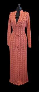 Vintage 70s Crochet Knit Boho Peek A Boo Cut Out Sweater Maxi Dress 