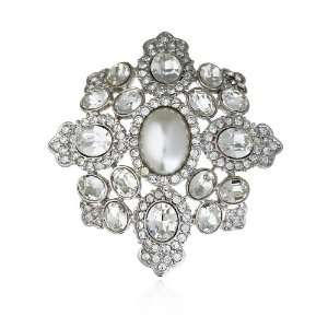 Kenneth Jay Lane   Silver Oval Crystal and Pearl Brooch