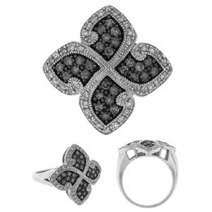 Flower Shape Black and White Round Diamonds Fashion Silver Ladys Ring 