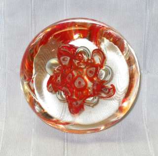 ART GLASS PAPERWEIGHT w/ millefiori & bubbles  