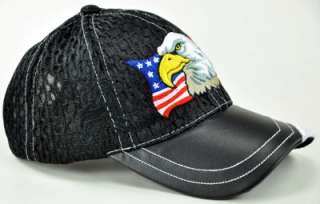 NEW! W/LEATHER MESH EAGLE USA FLAG MILITARY CAP HAT BLACK  