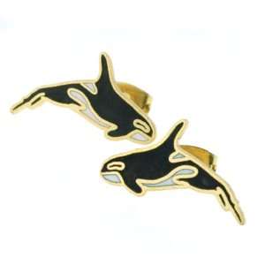 Gold Plated Orca Whale Cloisonne Earrings   19mm Width   Post Backings