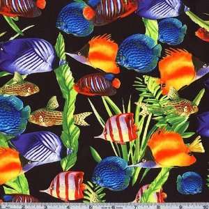  45 Wide Tropical Fish Black Fabric By The Yard: Arts 