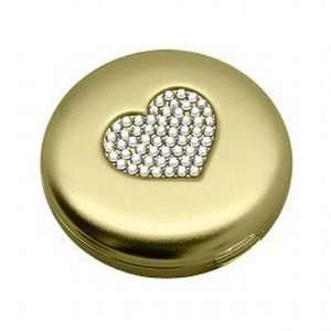 Round Gold Crystal Rhinestone Heart Double Compact Purse Mirror (Boxed 