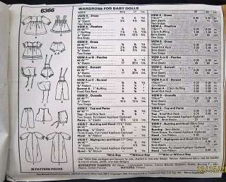 McCalls Craft Sew Pattern #6366 15,17 Dolls Dress,Bib,Pants,Pinafore 