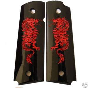 Colt 1911 Smooth Black Grips with Red Dragon Beveled  