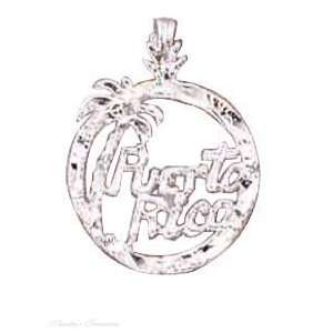   Silver 18 Box Chain Necklace With PUERTO RICO Round Pendant Jewelry
