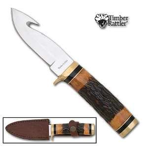  Timber Rattler Brown Stag Gut Hook Knife w/ Leather Sheath 