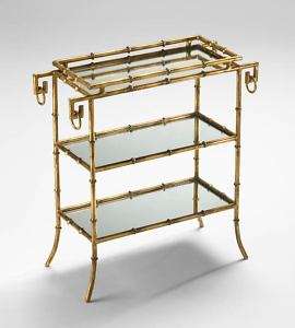 GOLD FAUX BAMBOO TRAY TABLE, 3 Tiers, Mirrored Shelves, HOLLYWOOD 