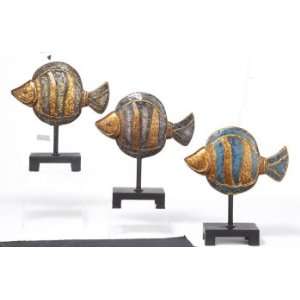  Figurine Mosaic Fish Stand Set/3 Glass Polystone Champagne 