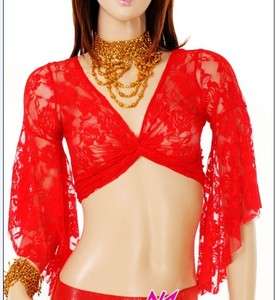 Red Belly Dance Costume Bolero Jacquard Lace Blouse Top  